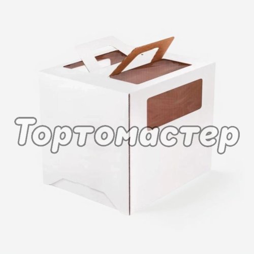 Коробка для торта с ручкой и окном белая 28х28х30 см 