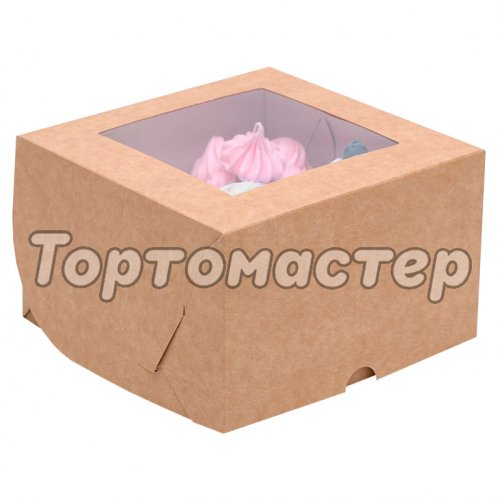 Коробка на 4 капкейка с окном крафт 16х16х10 см КУ-075