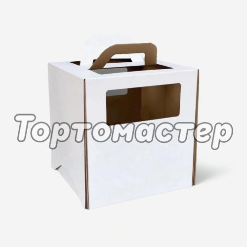 Коробка для торта с окном и ручкой белая 26х26х28 см 22628